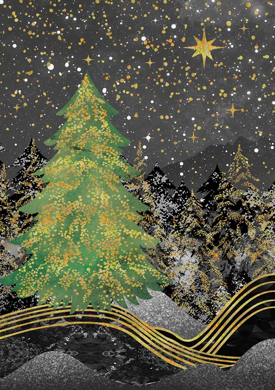 Starry Night Sky and Christmas Tree Greeting Card